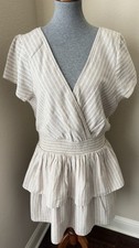 American Eagle Size XL Beige White Striped Linen Smocked Waist Tiered Mini Dress
