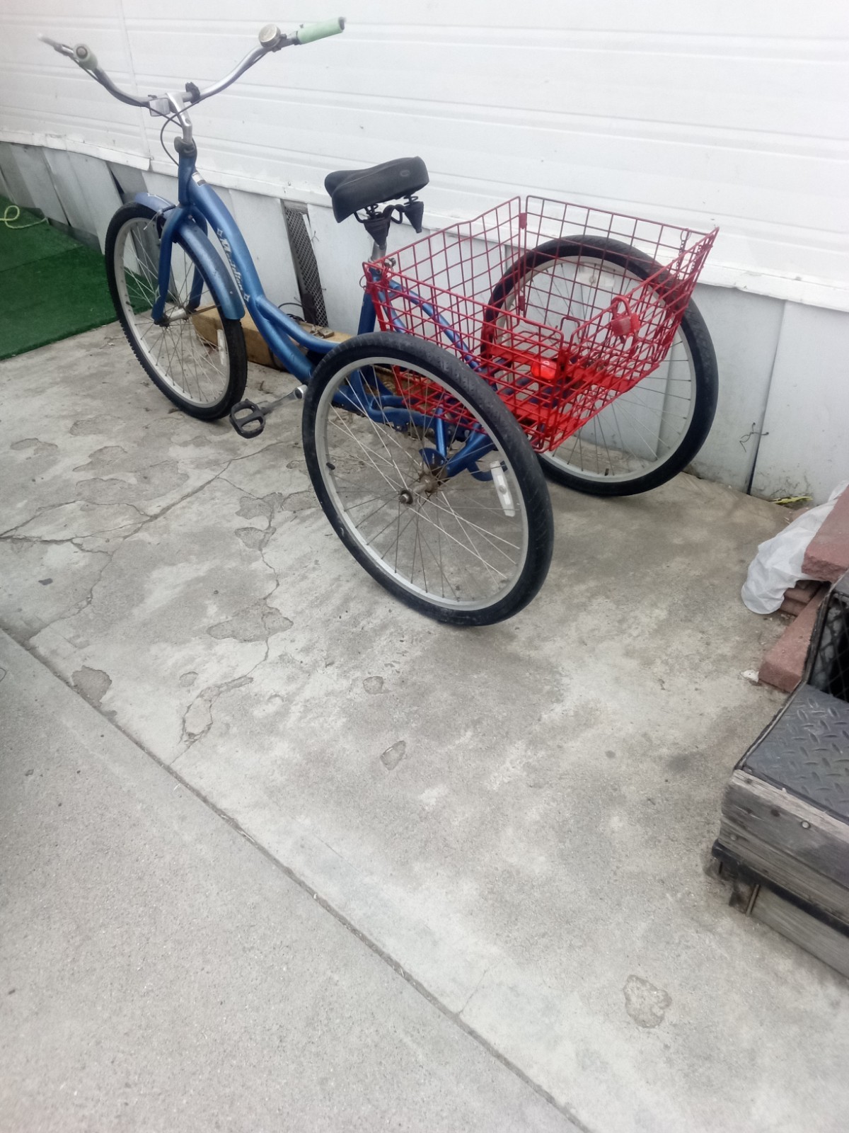 (Used) Adult Tricycle 26 in 3-Wheel Bike Blue w/ Red Rear Basket, Front Fender (110.00 USD) (Used) Adult Tricycle 26 in 3-Wheel Bike Blue w/ Red Rear Basket, Front Fender (110.00 USD)