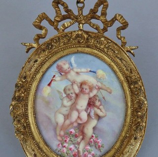 Antique 19thC French DORE Gilt BRONZE Frame HP Porcelain Plaque CHERUBS ROSES