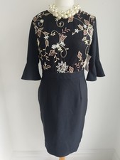 LITTLE MISTRESS Dress Black Occasion Wedding Trumpet Sleeves Embroidered UK 16