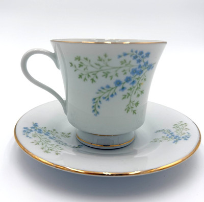 Vintage Liling Fine China Yung Shen Teacup & Saucer Blue Yellow Floral Gold Trim