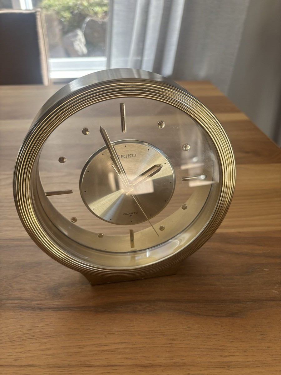 Vintage Seiko Round Gold and Glass Mantel Clock Quartz 7