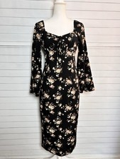 SHEIN Black Floral Print Sweetheart Neck Bell Sleeve Midi Dress - Size M (6)