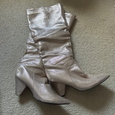 Gold Glitter Pointed Toe Knee High Boots Synthetic Pull On