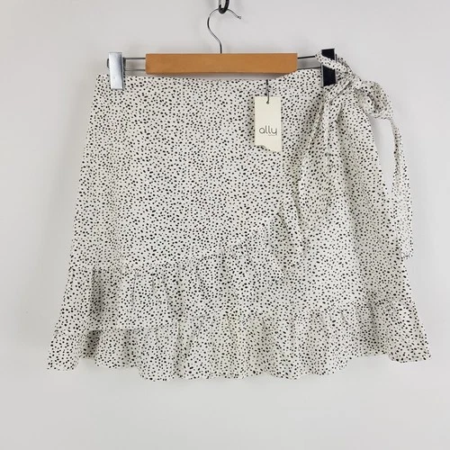 Ally Womens Size 14 Black White Spotted Wrap Front Skirt Ruffle Hem New Tags