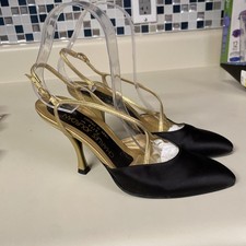 Charles Jourdan Paris Cocktail Black Satin Gold Leather Pumps Size 7 Sling Vtg