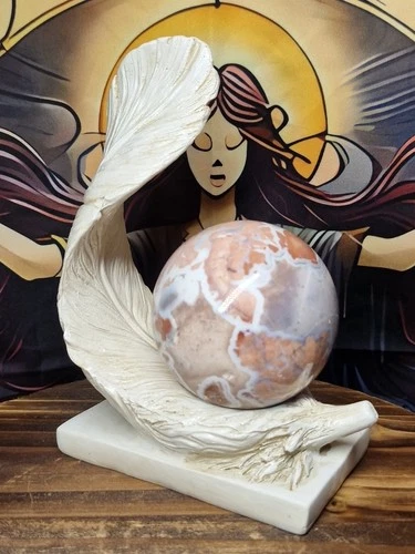 Cotton Candy Pink Agate Sphere 56mm 246g & Feather Stand