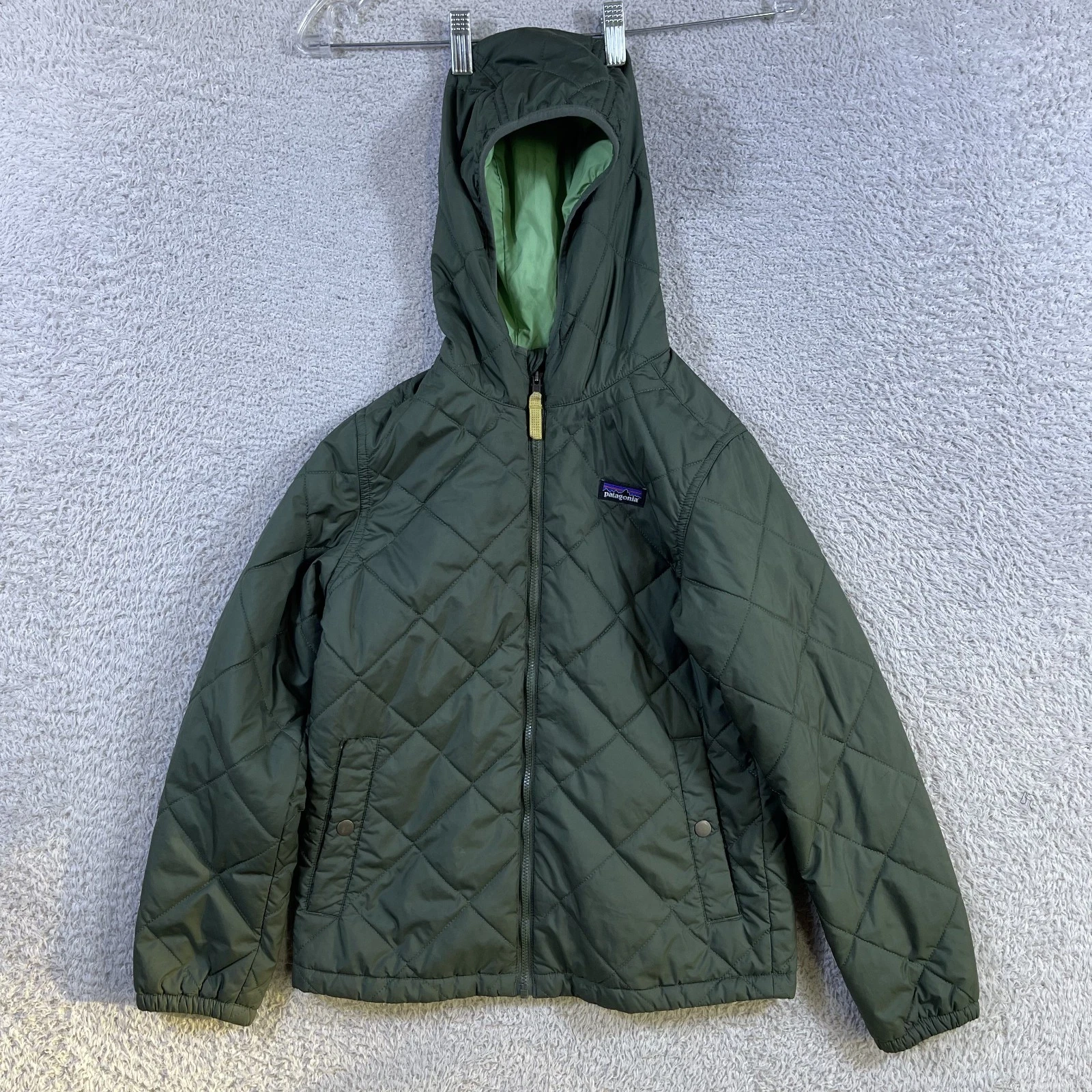 Patagonia Diamond Quilted Hoody Jacket Boys Medium 10 Green Insulated Full Zip