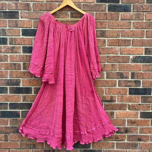 VINTAGE 60s 70s Hippie Gauze Pink Dress Crochet & Ribbon Tunic Dress - Picture 3 of 6