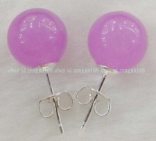 Genuine natural 10mm Rose Jade Round Gems Silver Stud Earrings Fashion Jewelry
