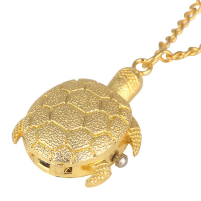 Cute Golden Tone Turtle Quartz Pocket Watch for Kids Pendant Necklace Chain Gift