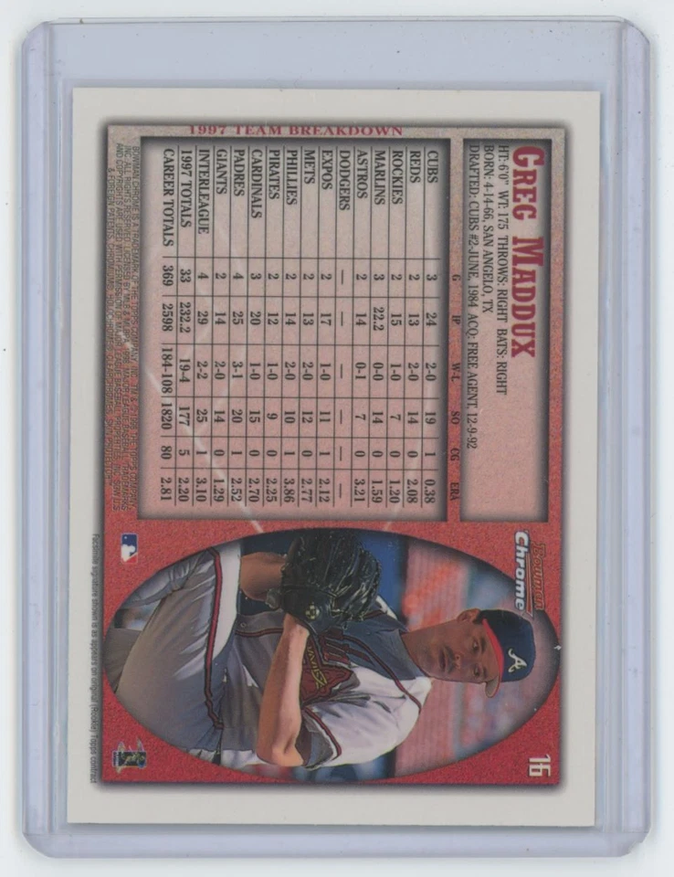 1998 Bowman Chrome Greg Maddux . Atlanta Braves #16 - Image 2 of 2
