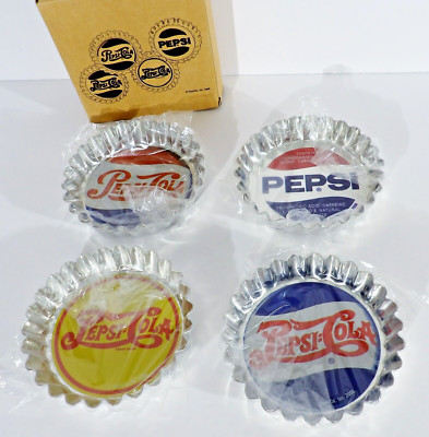 Vintage 2000 Retro Style Pepsi Bottle Cap Coasters Ashtrays Set of 4 NEW