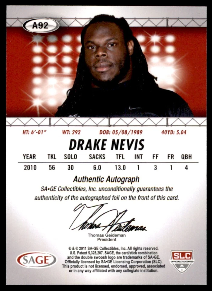 Drake Nevis 2011 SAGE HIT Autographs Silver Rookie Card RC Auto #A92 LSU Tigers - Image 2 of 2