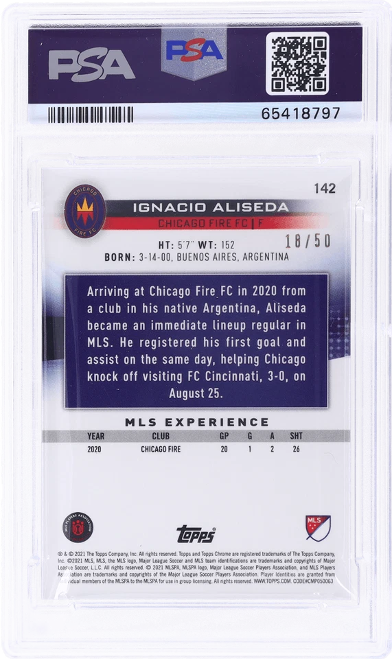2021 Topps Chrome MLS Sapphire Ignacio Aliseda Gold Refractor #142 /50 PSA 9 - Image 2 of 2