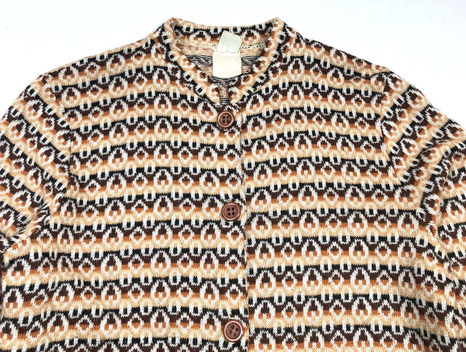 Vintage 1960s Fashion Wagon Womens Cardigan Sweater Retro Print Orange Brown Top - Image 2 of 4
