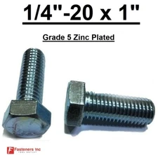 1/4-20 x 1" (FT) Hex Bolt Zinc Plated Grade 5 Cap Screw Coarse Thread