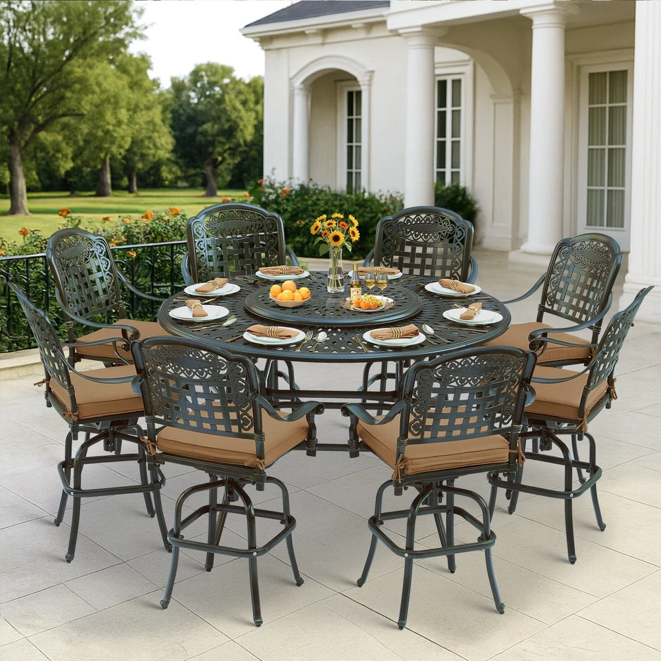 Juego de comedor de bar de aluminio fundido para patio de 10 piezas taburetes y mesa giratorios con Lazy Susan Foto 3 de 4