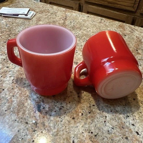 2 Vintage Fire King Anchor Hocking USA Mugs Shiny Red Stacking Base D Handle