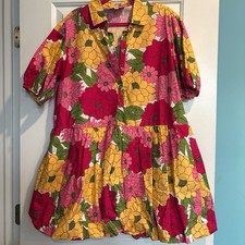 Listriciele Women’s M Pink Yellow Red Green Floral Collared Shirt Dress Lined