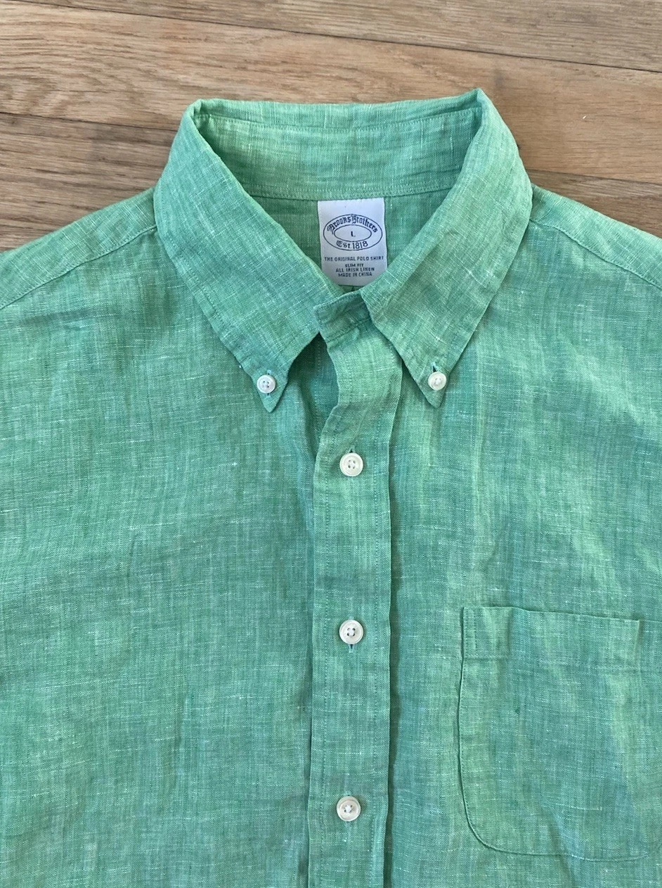 Brooks Brothers Shirt Mens Large Green Linen Button Down Short Sleeve Summer