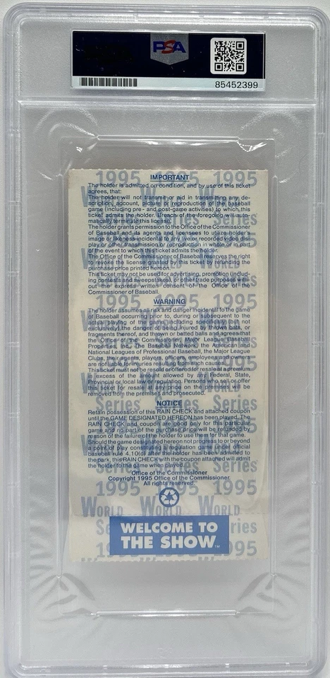 Tom Glavine & David Justice Signed 1995 World Series Game 1 Ticket Stub PSA/DNA - Image 3 of 3