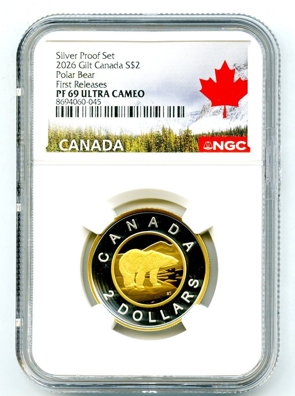 2026 CANADA $2 SILVER W/ GOLD PROOF POLAR BEAR TOONIE NGC PF69 FIRST RELEASES