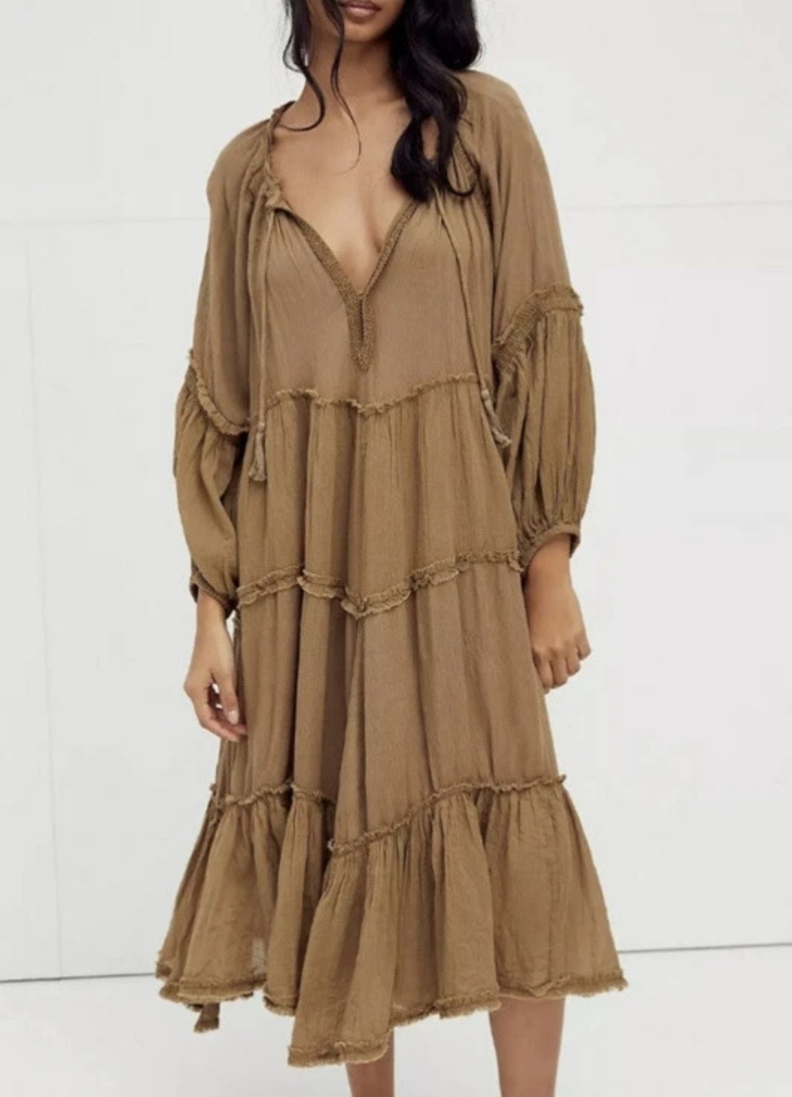 Free People In The Moment Ruffle Tiered Tassels Tie Dress sz L Boho Oversized
