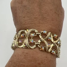 Cora Signed Crystal Rhinestone Multi Colors Bracelet Gold Plated Estate Vintage