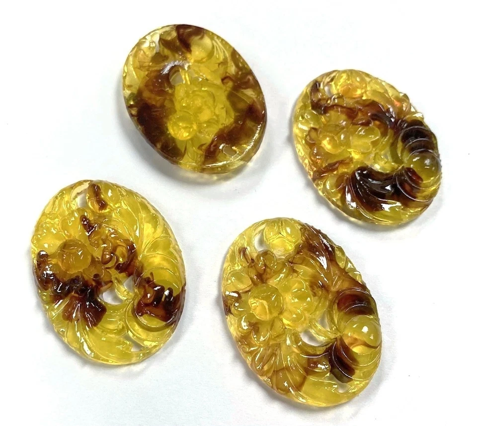 6 Vintage Hong Kong Tortoise Yellow Amber Resin Floral 40x30mm. Oval Cameos 112 - Image 2 of 4