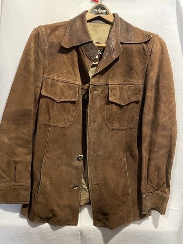 Read Desc Cortefiel Vintage Suede Leather Coat Long Jacket Lined Brown Mens 38