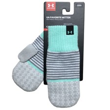 Under Armour Girls Favorite Knit Mittens Striped Green Grey SOFT Winter Fall