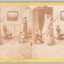 c1880s Boy Girl Trouble Real Photo Lady in Corset Whip Rod "B" Stereo Card V13