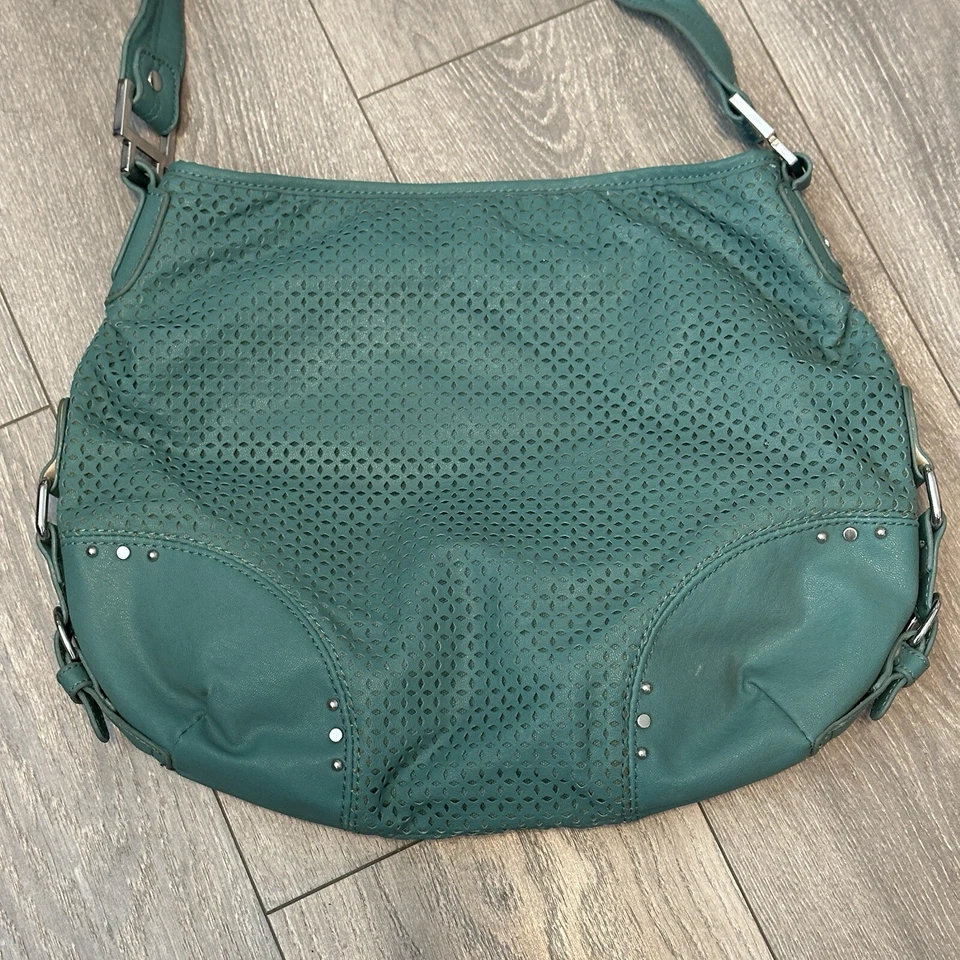 Dana Buchman Hobo Handbag Women L Teal Perforated Faux Leather Shoulder Bag - Image 2 of 4