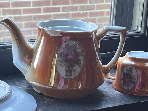 Vintage Eleanor Germany Glanzware Orange Blumen Deckel Teekanne, Tasse, 7" Teller 1900 - Bild 2 von 11
