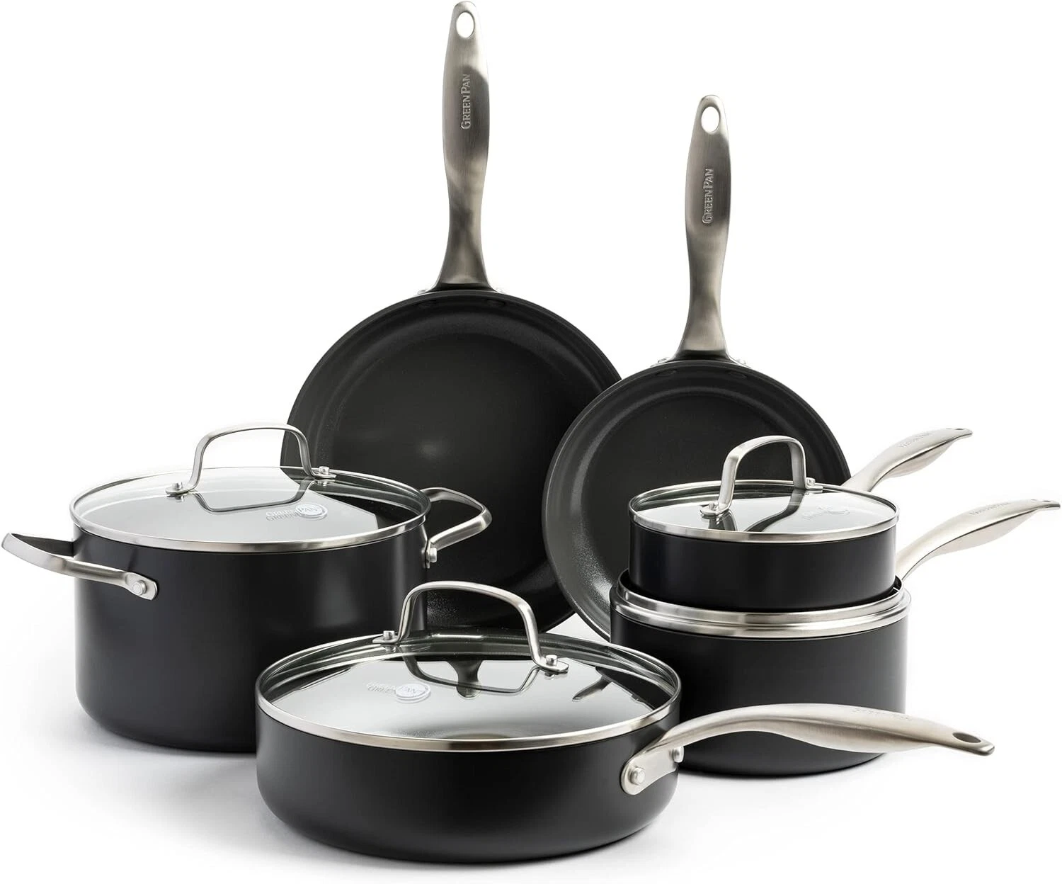 GreenPan Hard Anodized Ceramic Nonstick Cookware Pots and Pans Set, 10 Pcs-Black
