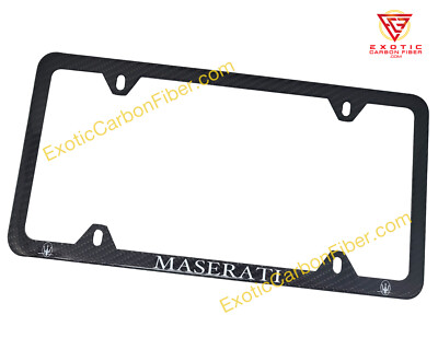 Maserati White Text & Trident Logos 4 Hole Slim Carbon Fiber Plate Frame 
