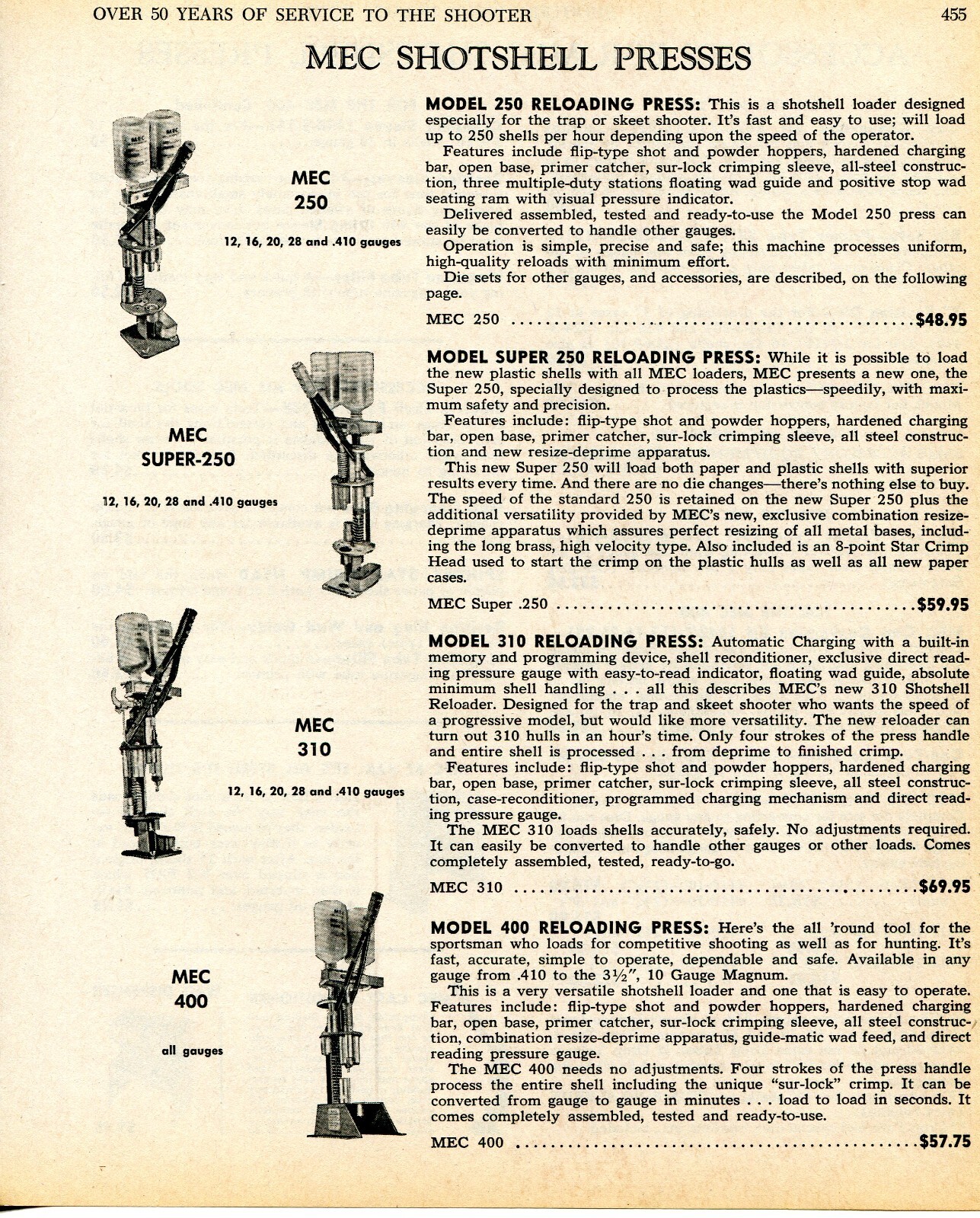 1970 Print Ad of MEC Shotshell Press Super-250, 310 & 400 Shotgun Shell Reloader