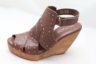 Very Volatile Wooden Wedge Heel Sandals Women's 6 Brown Leather Ankle Strap