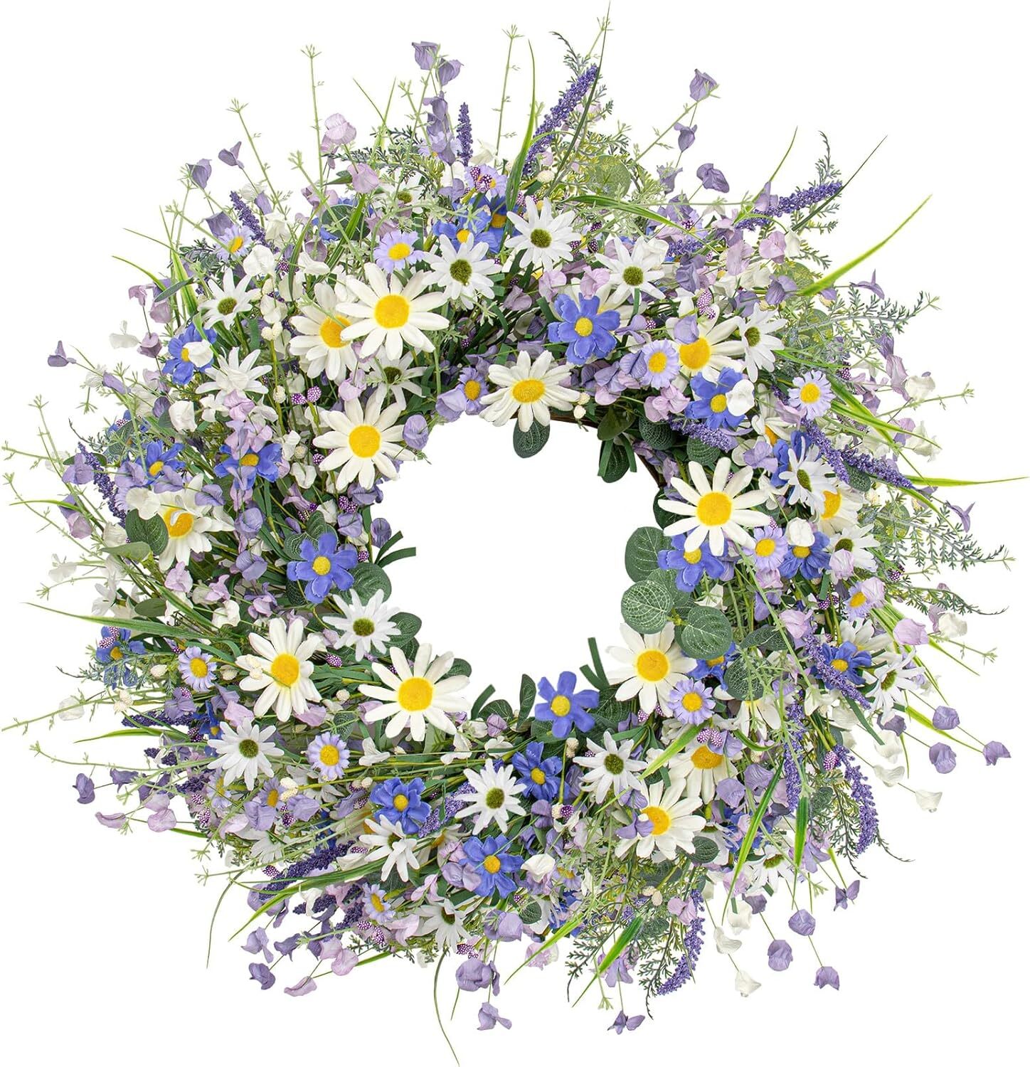 22-Inch Blue Floral Spring Summer Wreath for Front Door Decor