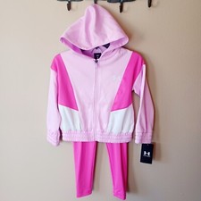 Under Armour Girls Pink Color Block Solid Tech Fleece Zip Hoodie Leggings Set-4