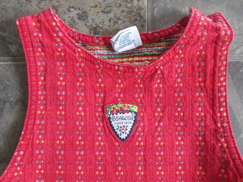 Vintage Osh Kosh 6 Girls Red Dress Sleeveless Jumper Heavy Woven Yellow Floral - Picture 2 of 10