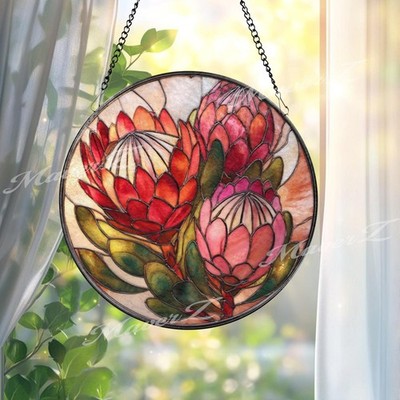 Protea Flower Stained Glass Suncatcher, Round Floral Window Hanging, Red Pink