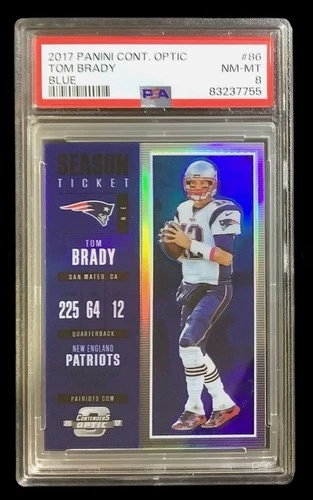 2017 panini contenders optic #86 tom brady; blue holo /99 prizm ticket PSA 8