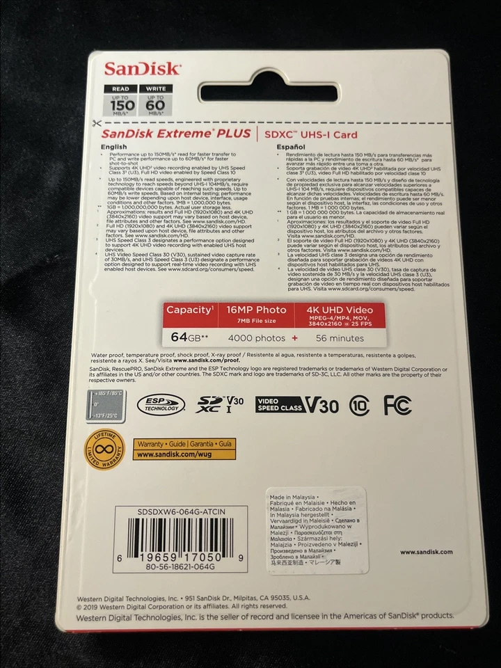 SanDisk 64GB Extreme Plus SDXC V30 U3 SD Card Read Speed up to 150MB/s 4K UHD - Image 2 of 2