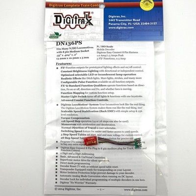Digitrax N HO Scale DN136PS Mobile DCC Decoder with 8 Pin Easy Connect Harness