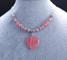 Cherry Quartz  20mm Heart & Tibetan Silver Bead Necklace .Handmade In Purse
