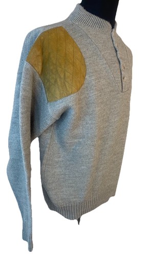 LL Bean Shooting Sweater Men Large Gray Henley Suede Shoulder High Trek Yarn Vintage - Bild 2 von 11