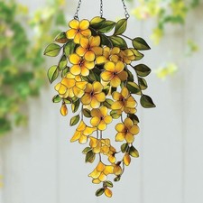 Cascading Yellow Flower Acrylic Suncatcher, Window Hanging with Green Leaves,