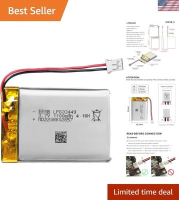 1100mAh Lithium Polymer Battery 3.7V with JST 2.0mm Connector - Reliable Power
